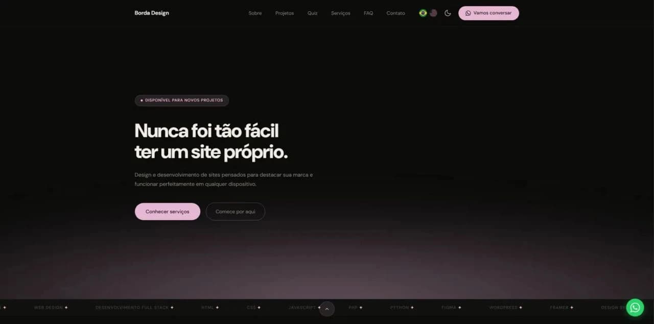 Primeira versão do site do BORDA, de 2025, com a chamada Nunca foi tão fácil ter um site próprio