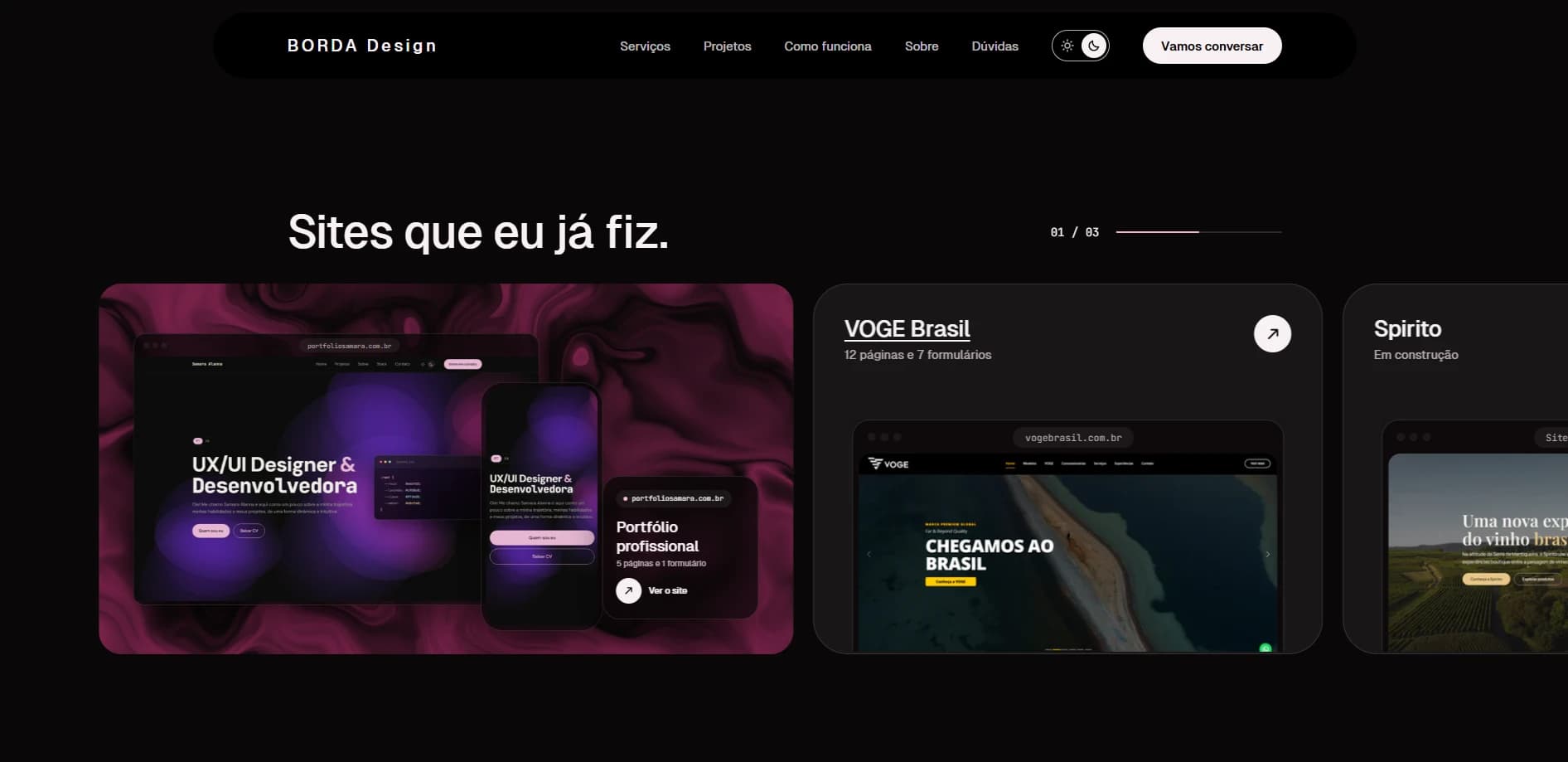 Seção de projetos do site novo do BORDA, com os sites lado a lado para a rolagem passar