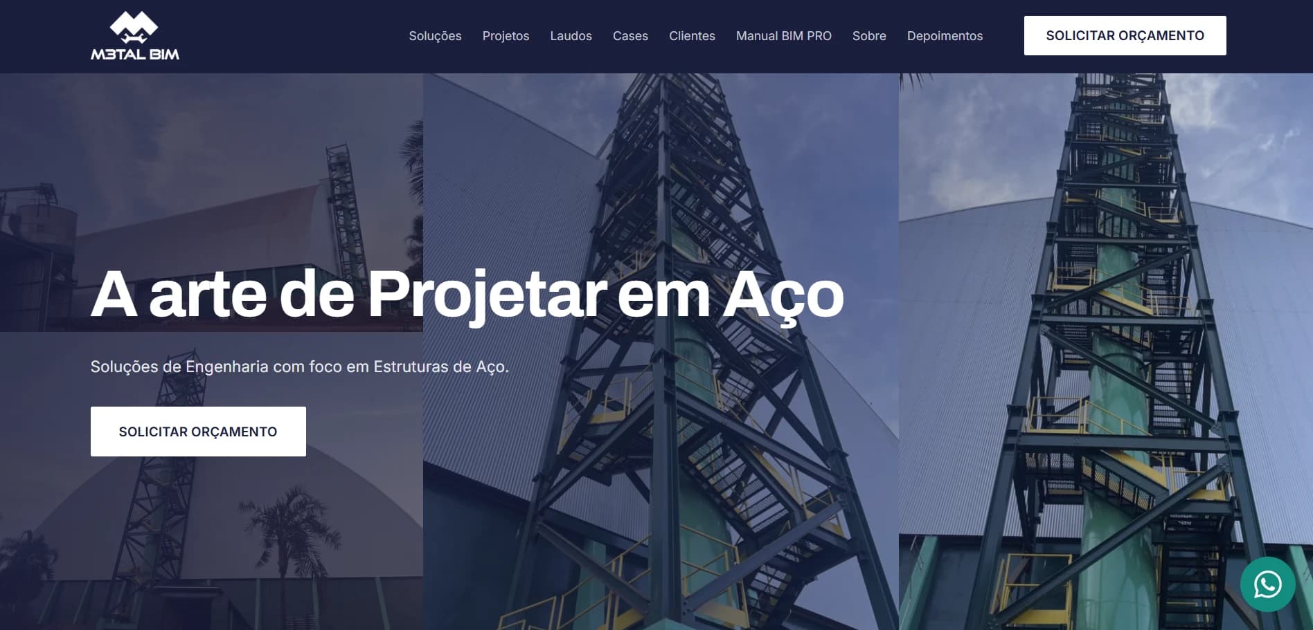 Topo do site da M3tal BIM, com a chamada A arte de Projetar em Aço sobre fotos de estruturas metálicas