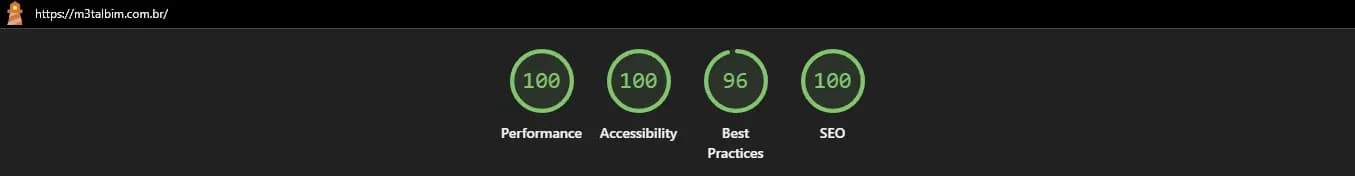 Relatório do Lighthouse no celular, com 100 em desempenho, 100 em acessibilidade, 96 em boas práticas e 100 em SEO