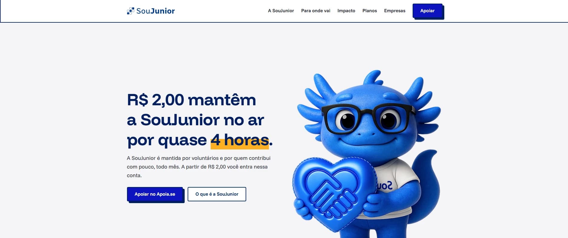 Topo da landing publicada, com o mascote da SouJunior e a chamada de apoio